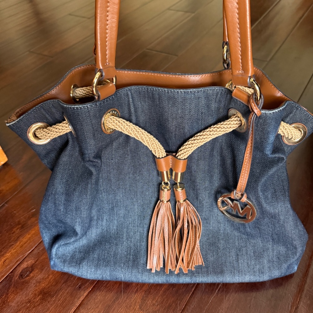 Michael Kors denim and leather shoulder bag.